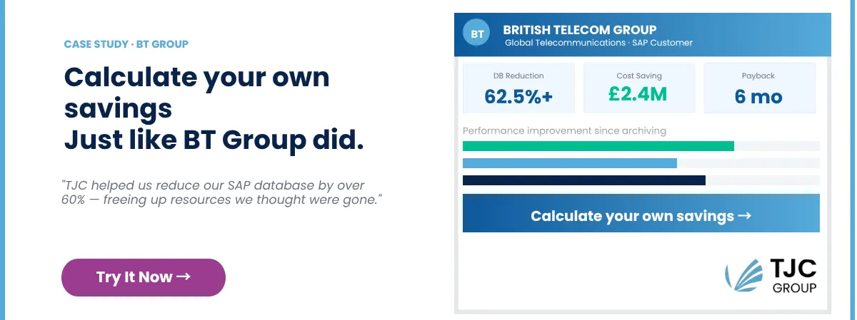 BT Group SAP archiving case study card showing 62.5% database reduction, £2.4M cost saving and a 6 month payback