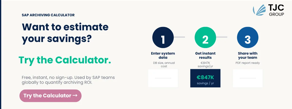 Three step SAP archiving calculator process: enter system data, get instant results of €847K savings a year, share a PDF report