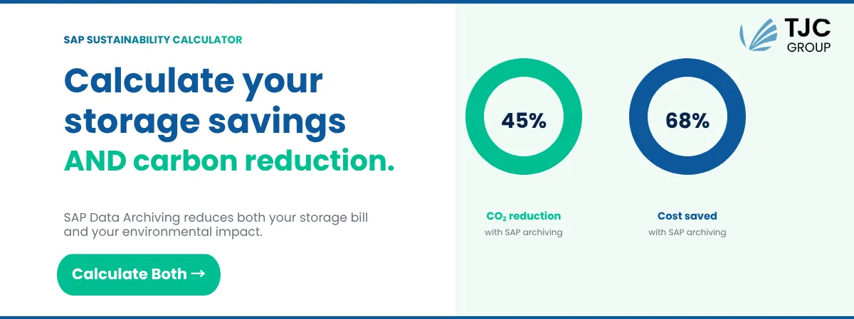 Two donut charts showing 45% CO2 reduction and 68% cost saved with SAP data archiving