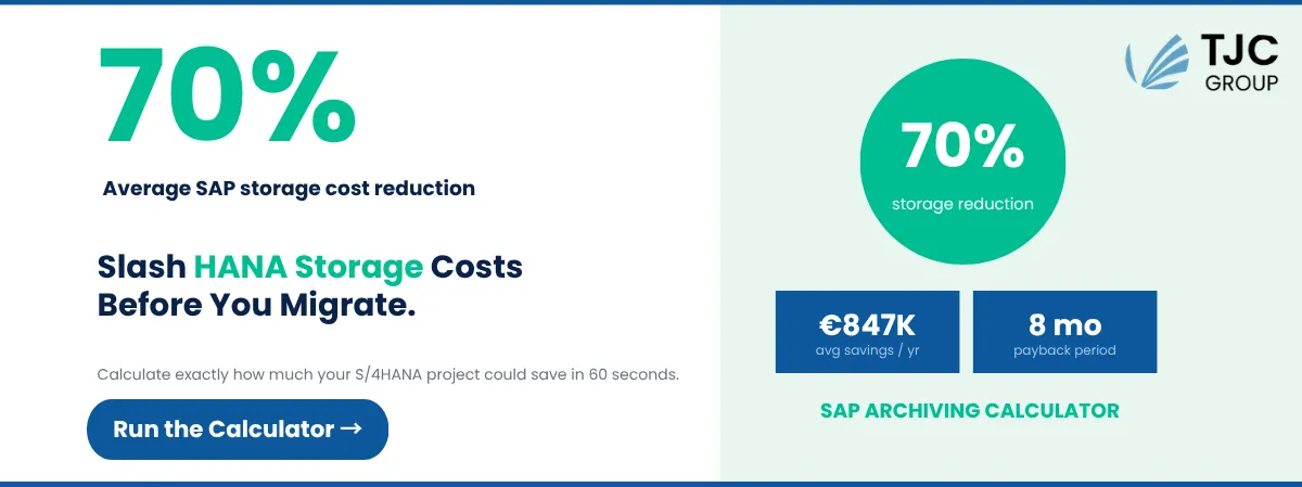 SAP Archiving Calculator banner showing 70% average storage cost reduction, €847K annual savings and an 8 month payback period