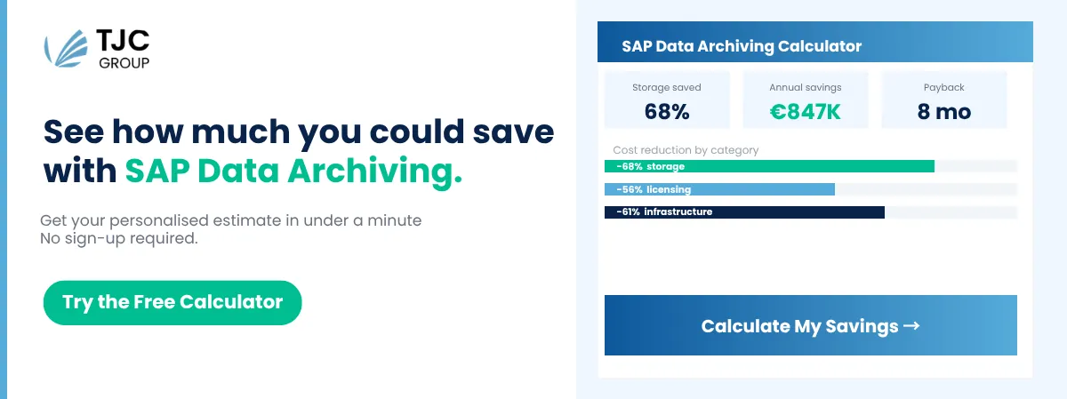 SAP Data Archiving Calculator preview showing 68% storage saved, €847K annual savings and cost reduction by category