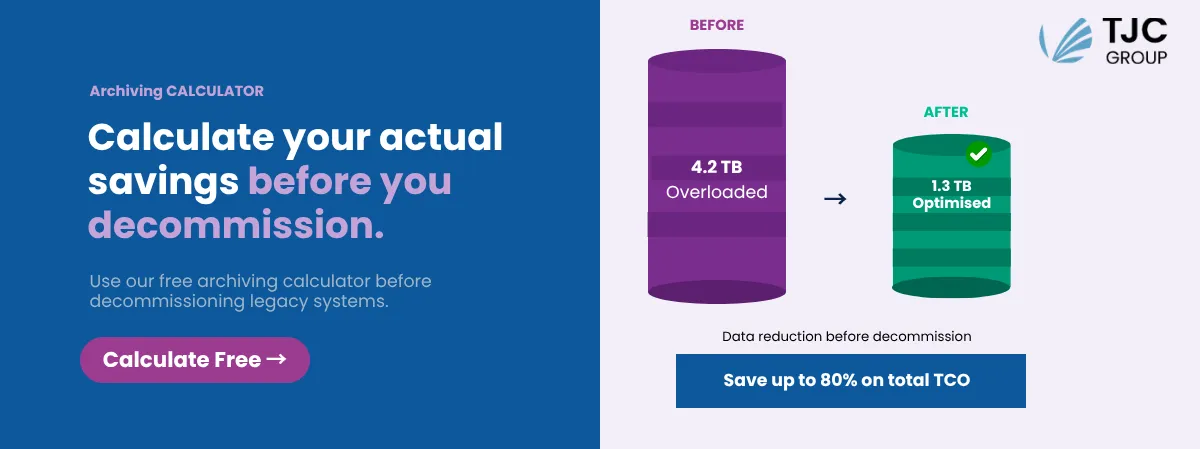 Before and after database cylinders showing 4.2 TB reduced to 1.3 TB and up to 80% total TCO saving before decommissioning