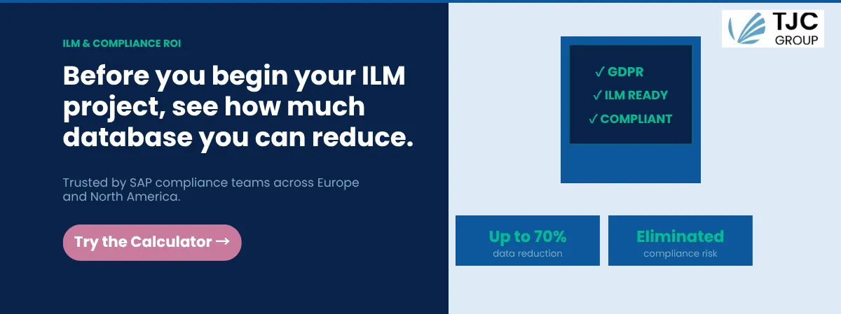 SAP ILM and compliance banner showing GDPR ready status, up to 70% data reduction and eliminated compliance risk